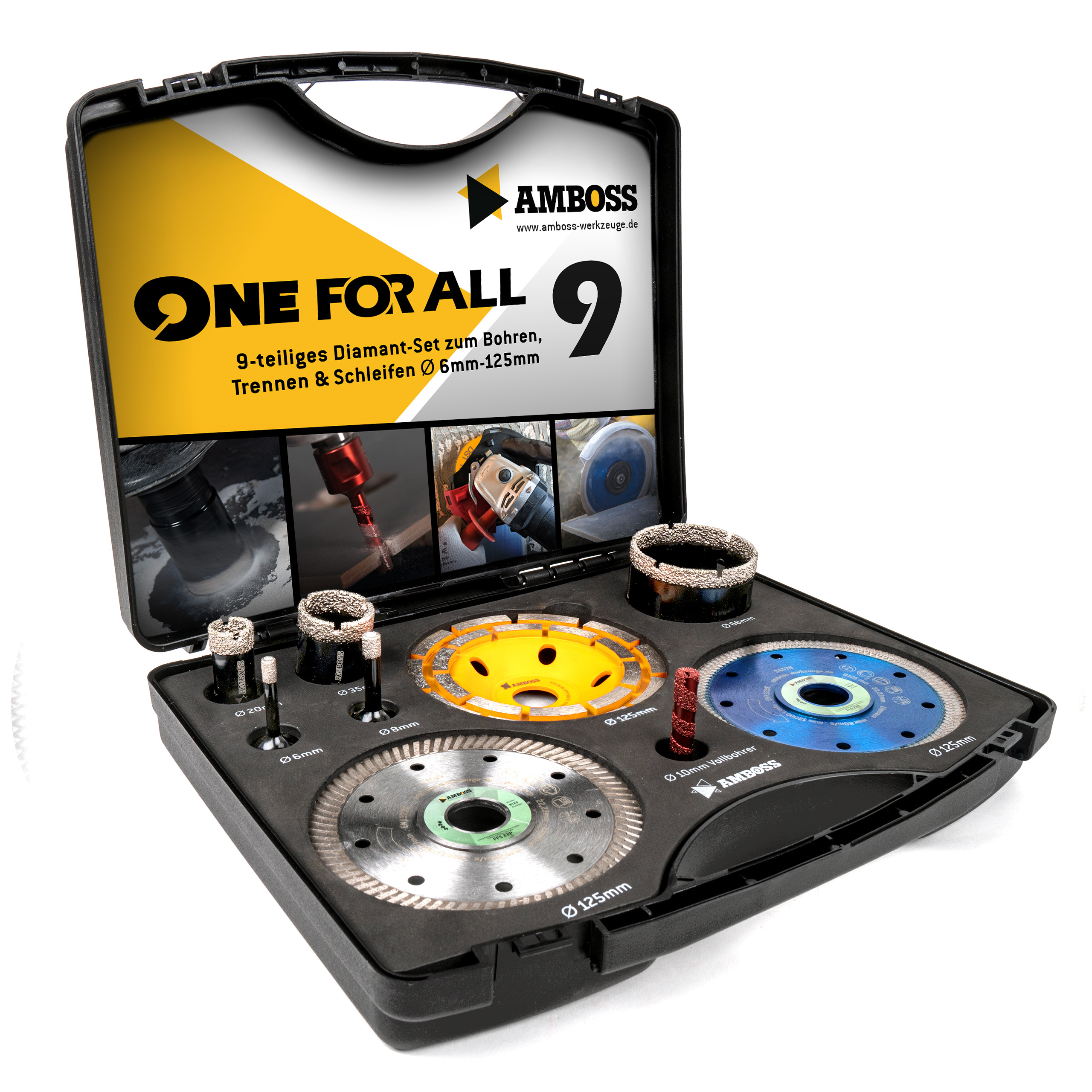 Amboss - Set Diamant-Lochsägen + Trennscheiben + Schleiftopf / One For All Set 9 / Ø 6 - 125 mm / perfekt für Sanierungen im Küchen- und Sanitärbereich / geeignet für Winkelschleifer