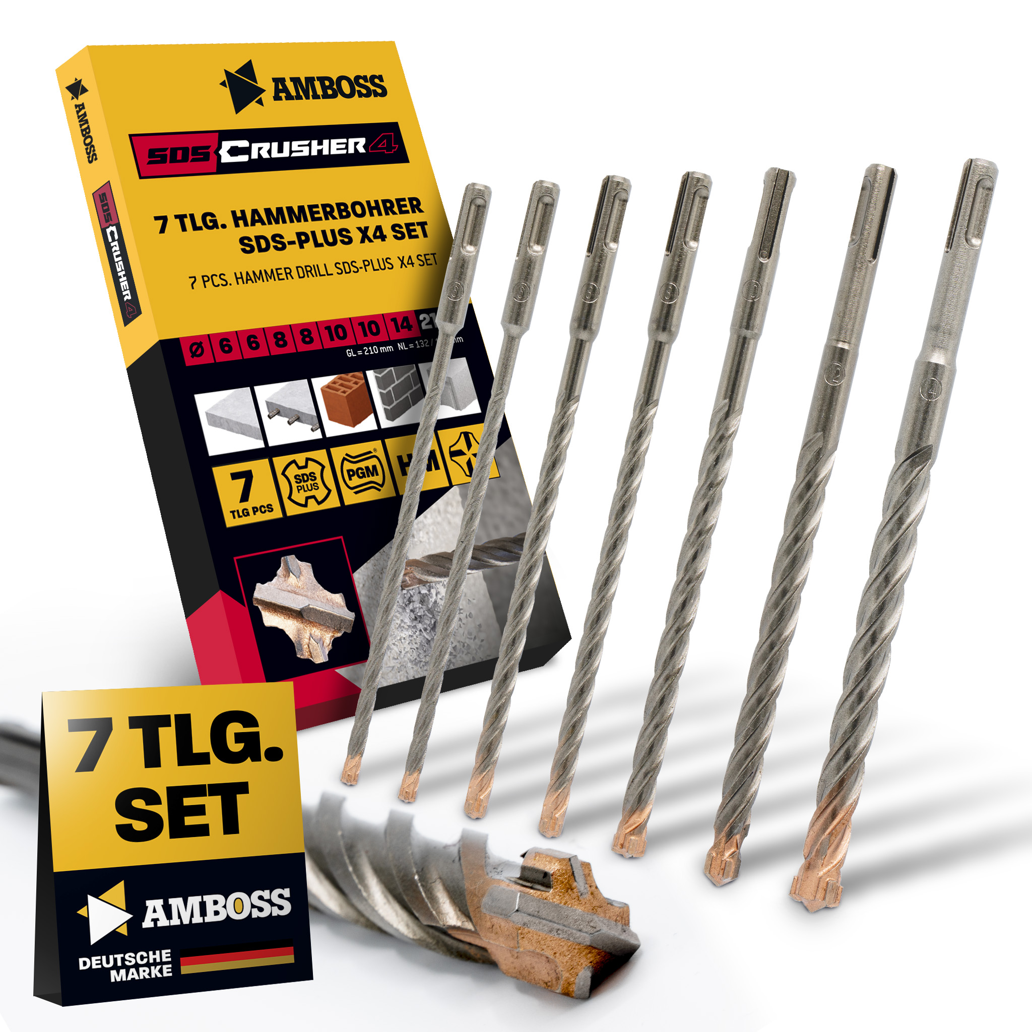 SDS Plus Hammerbohrer Set 7tlg. 4X Schneiden PGM Ø 6-14mm x 210mm - AMBOSS Werkzeuge SDS Crusher 4 - HM Betonbohrer Hartmetall Profi Bohrer  - Stahlbeton Steinbohrer Beton Mauerwerk Ziegel Kalksandstein