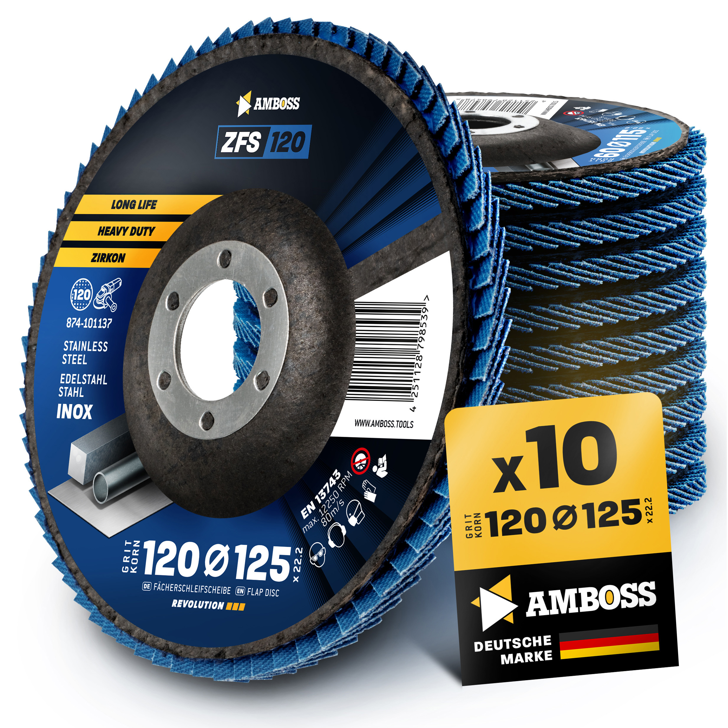 10x Amboss ZFS Fächerschleifscheibe Korn:120 Ø125mm
