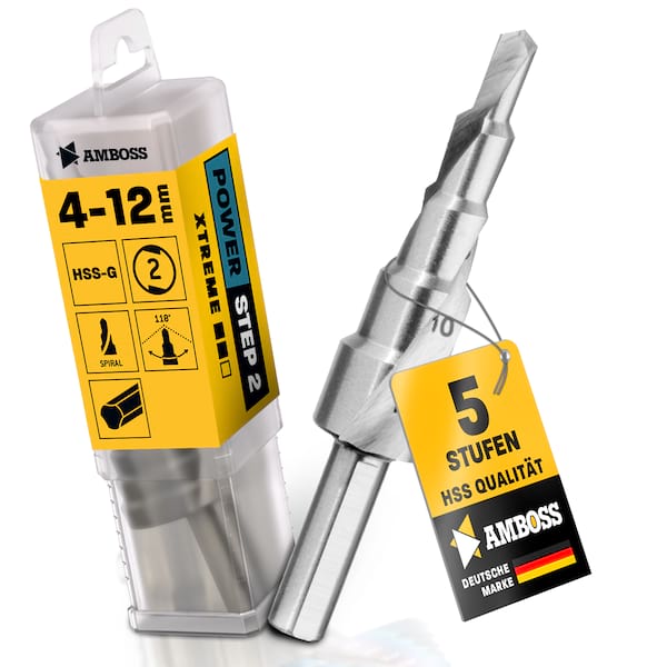 Stufenbohrer Ø 4-20 mm / 5 Stufen Konusbohrer / 10 mm Schaft / Profi Metallbohrer Kegelbohrer HSS / Amboss PowerStep 2 / Lochbohrer geeignet für Metall, Holz, Kunststoff