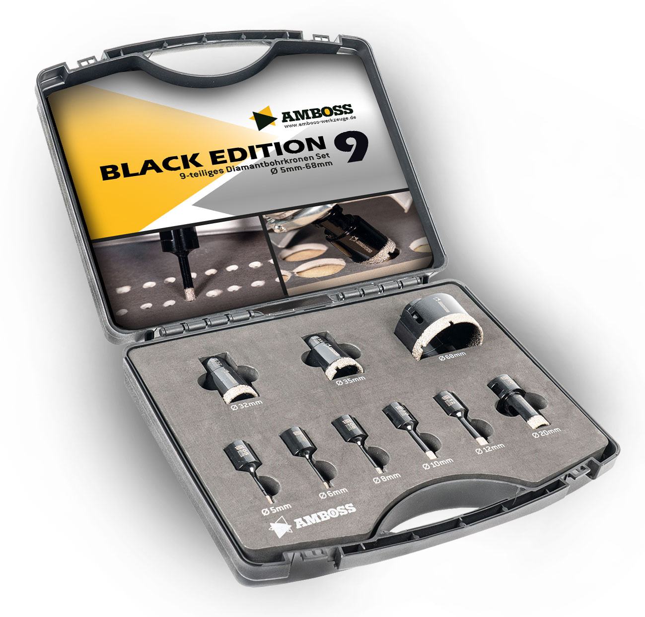 Amboss Diamant Bohrkronen M14 - BLACK EDITION Set 5 / 6 / 8 / 10 / 12 / 20 / 32 / 35 / 68 mm für Winkelschleifer | Feinsteinzeug, harte Fliesen, Granit