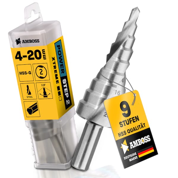 Stufenbohrer Ø 4-20 mm / 9 Stufen Konusbohrer / 10 mm Schaft / Profi Metallbohrer Kegelbohrer HSS / Amboss PowerStep 2 / Lochbohrer geeignet für Metall, Holz, Kunststoff