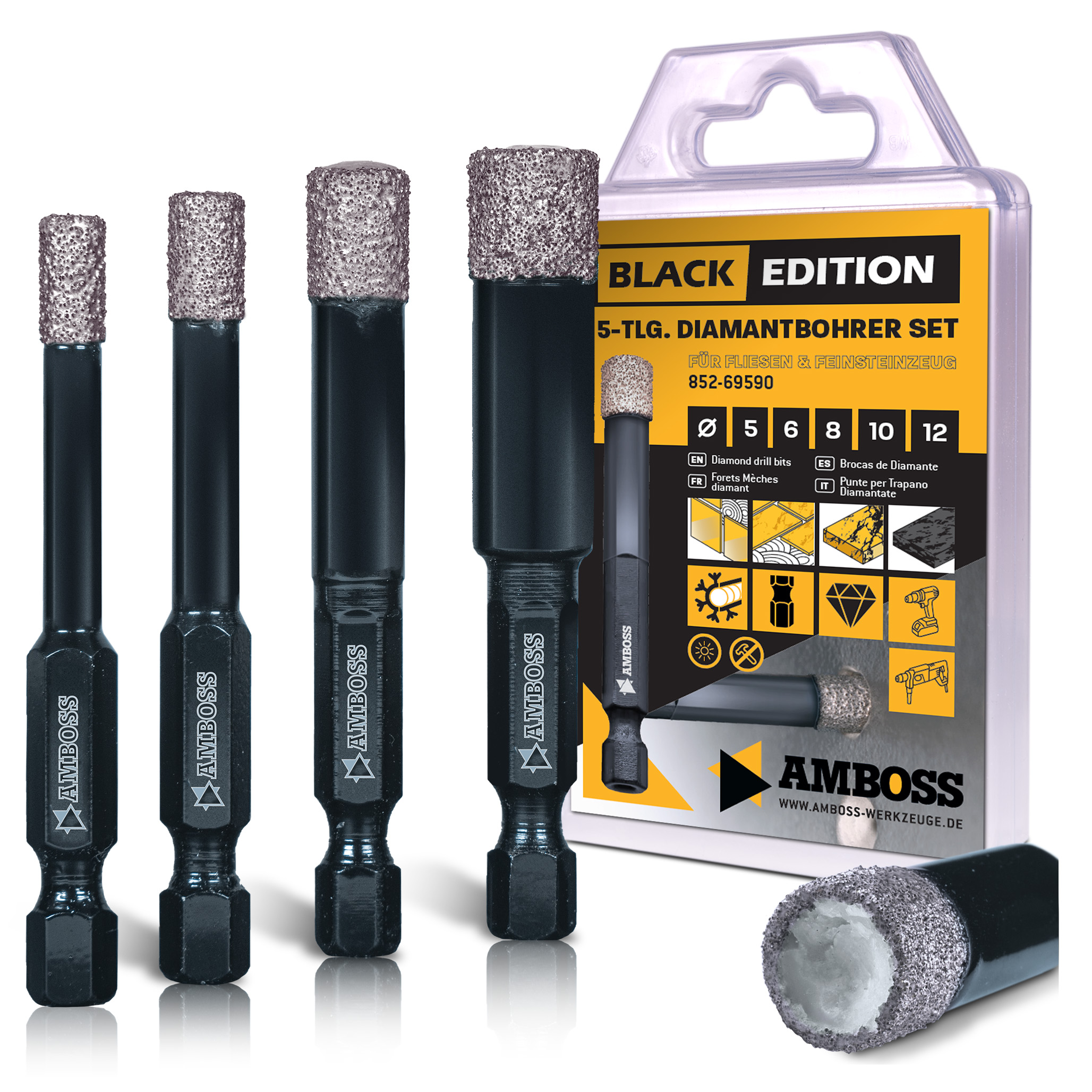 Fliesenbohrer Set Ø 5, 6, 8, 10, 12 mm (5 tlg.) /Sechskant Aufnahme - Amboss Black Edition Diamantbohrer - Fliesen, Feinsteinzeug, Keramik, Granitplatten - für Bohrmaschine/Akkubohrer