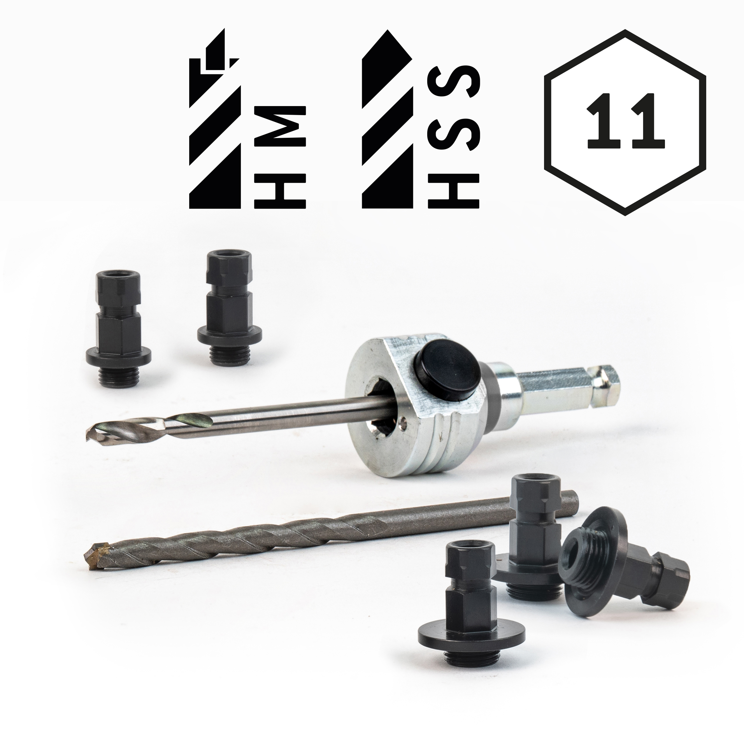 Schnellwechselaufnahme (komplett) 6kant 11mm-inkl. HSS und HM Zentrierbohrer und Adapter (2x klein / 3x groß)