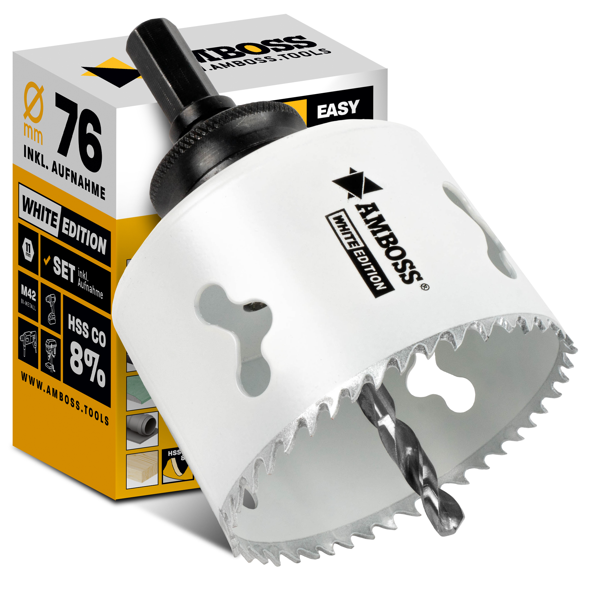 Lochsäge 76 mm - Amboss Bi-Metall (inkl. 6-kant Standard-Aufnahme) ideal für Hohlwanddose, LED-Spot, Steckdose in Gipskarton/Holz