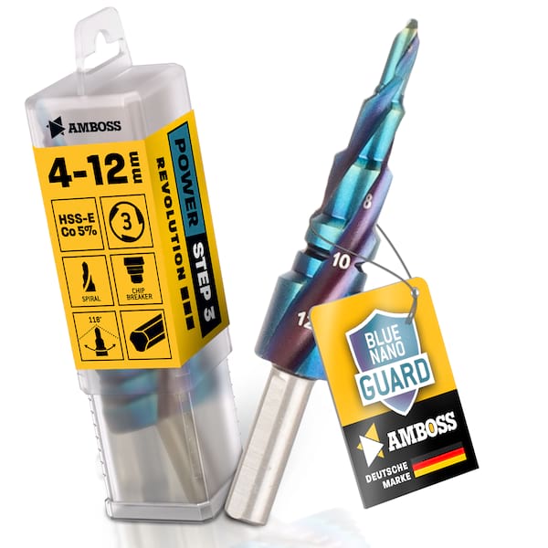 Stufenbohrer Ø 4-12 mm / 5 Stufen Konusbohrer / 10 mm Schaft / Profi Metallbohrer Kegelbohrer HSS-E Co 5% / Amboss PowerStep 3 mit TiAlSiN Blue Nano Guard / Lochbohrer geeignet für Metall, Holz, Kunststoff