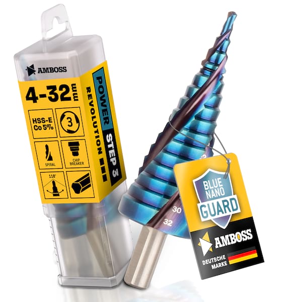 Stufenbohrer Ø 4-32 mm / 15 Stufen Konusbohrer / 10 mm Schaft / Profi Metallbohrer Kegelbohrer HSS-E Co 5% / Amboss PowerStep 3 mit TiAlSiN Blue Nano Guard / Lochbohrer geeignet für Metall, Holz, Kunststoff