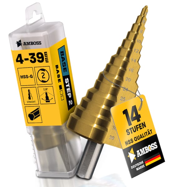 Stufenbohrer Ø 4-39 mm / 14 Stufen Konusbohrer / 10 mm Schaft / Profi Metallbohrer Kegelbohrer HSS / Amboss PowerStep 2 / Lochbohrer geeignet für Metall, Holz, Kunststoff