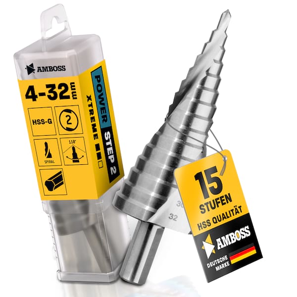 Stufenbohrer Ø 4-32 mm / 15 Stufen Konusbohrer / 10 mm Schaft / Profi Metallbohrer Kegelbohrer HSS / Amboss PowerStep 2 / Lochbohrer geeignet für Metall, Holz, Kunststoff