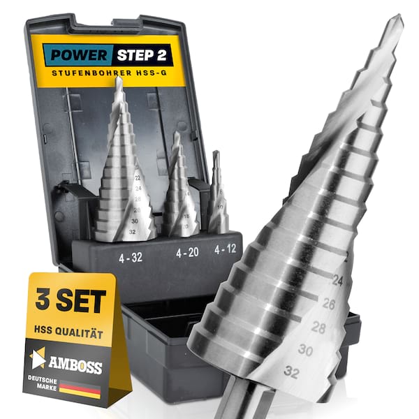 Stufenbohrer Set Ø 4-12 + 4-20 + 4-32 mm / Konusbohrer/ 10 mm Schaft / Profi Metallbohrer Kegelbohrer Set HSS / Amboss PowerStep 2 / Lochbohrer geeignet für Metall, Holz, Kunststoff