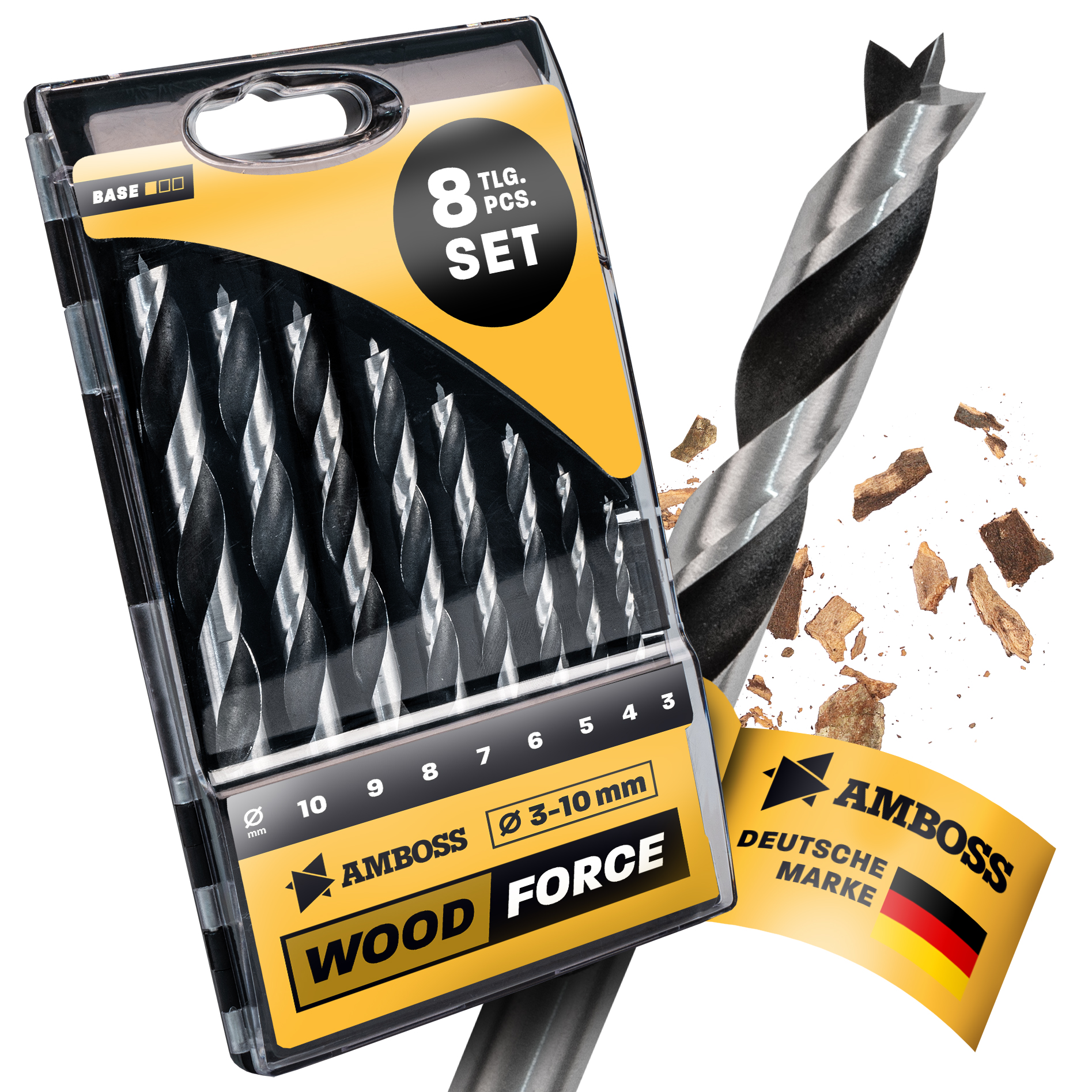 Holzbohrer Set 8-teilig Ø 3mm / 4mm / 5mm / 6mm / 7mm / 8mm / 9mm / 10mm - AMBOSS Werkzeuge Wood Force - Bohrerset für Holz bohren, Plastik bohren - Rundschaft Holzbohrer-Set