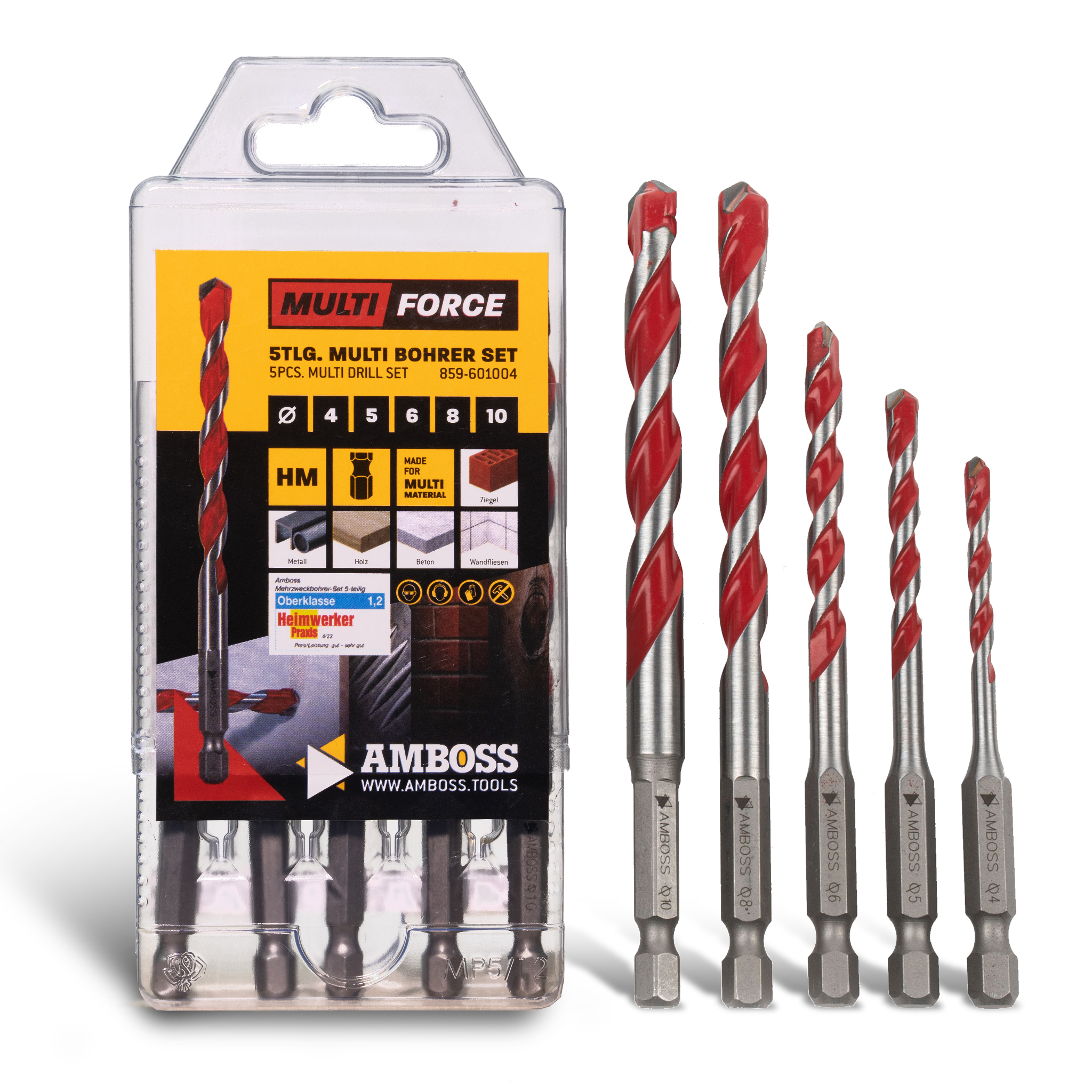 Amboss Mehrzweck Bohrer Set Multifunktionsbohrer Multibohrer 5teilig Ø 4,5,6,8,10 mm | für Holz, Bleche, Gipskarton, (Edel-) Stahl, Mauerwerk uvm. | für Bohrmaschinen/Akkuschrauber