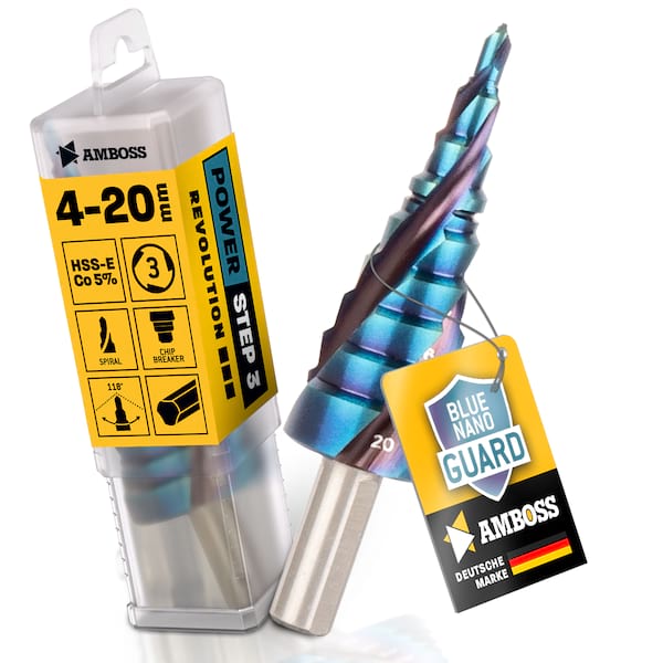 Stufenbohrer Ø 4-20 mm / 9 Stufen Konusbohrer / 10 mm Schaft / Profi Metallbohrer Kegelbohrer HSS-E Co 5% / Amboss PowerStep 3 mit TiAlSiN Blue Nano Guard / Lochbohrer geeignet für Metall, Holz, Kunststoff
