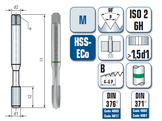 1 x HSS-ECo Maschinengewindebohrer DIN 371/376 -  M8 Gewinde - Ø:6.8 mm