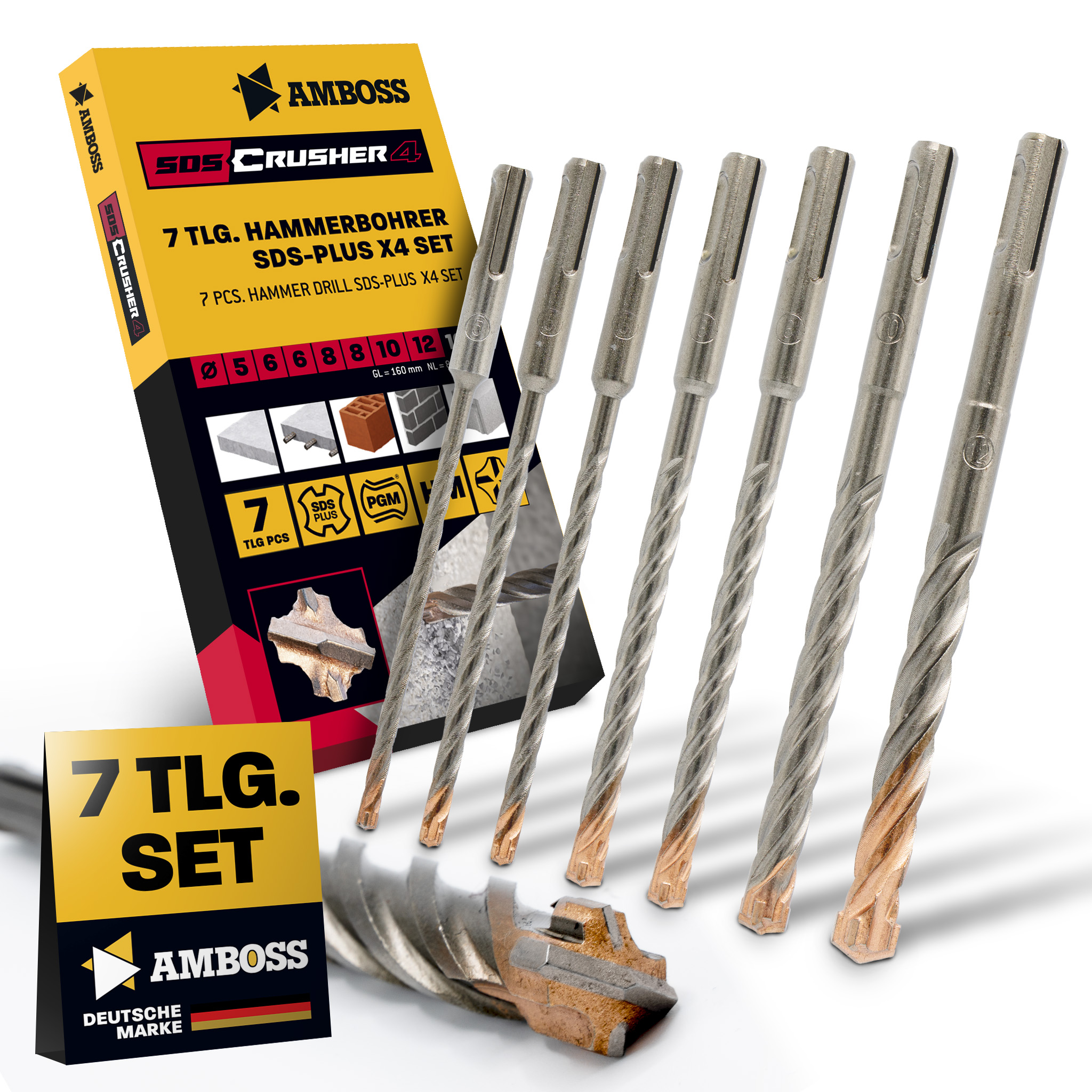SDS Plus Hammerbohrer Set 7tlg. 4X Schneiden PGM Ø 5-12mm x 160mm - AMBOSS Werkzeuge SDS Crusher 4 - HM Betonbohrer Hartmetall Profi Bohrer  - Stahlbeton Steinbohrer Beton Mauerwerk Ziegel Kalksandstein
