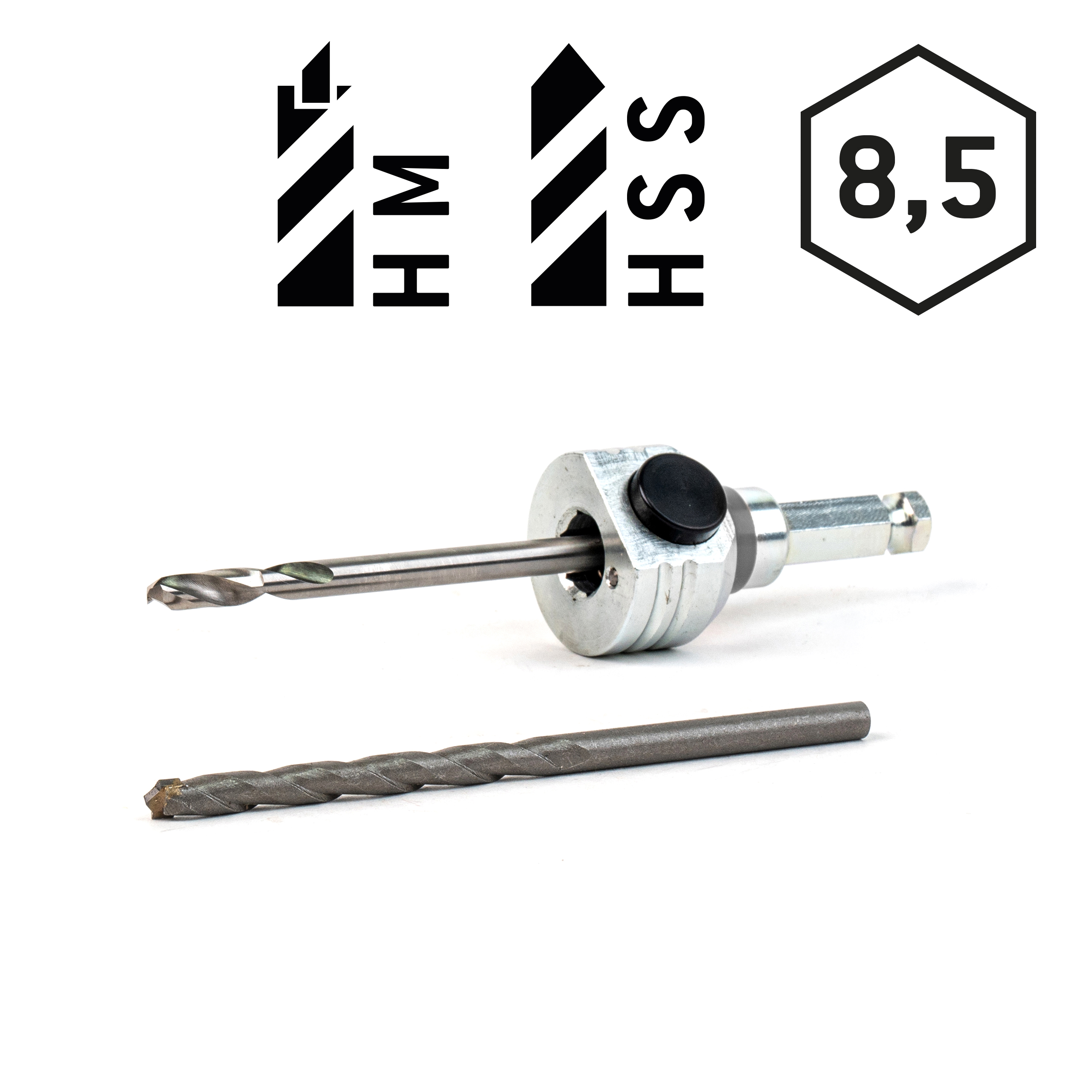 Schnellwechselaufnahme 6kant Schaft Ø8,5mm inkl. HM und HSS Zentrierbohrer