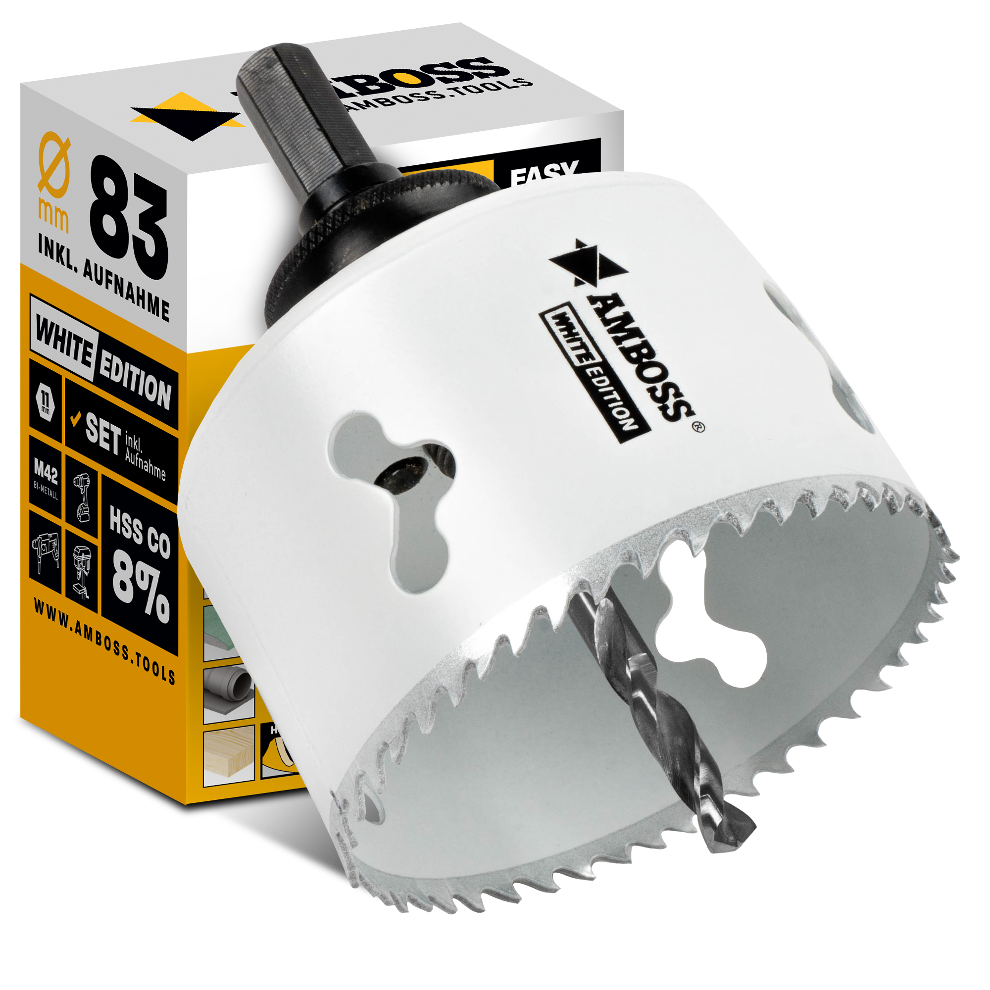 Lochsäge 83 mm - Amboss Bi-Metall (inkl. 6-kant Standard-Aufnahme) ideal für Hohlwanddose, LED-Spot, Steckdose in Gipskarton/Holz