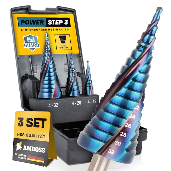 Stufenbohrer Set Ø 4-12 + 4-20 + 4-32 mm / 5 Stufen Konusbohrer / 10 mm Schaft / 3 Stck. Profi Metallbohrer Kegelbohrer HSS-E Co 5% / Amboss PowerStep 3 mit TiAlSiN Blue Nano Guard / Lochbohrer geeignet für Metall, Holz, Kunststoff