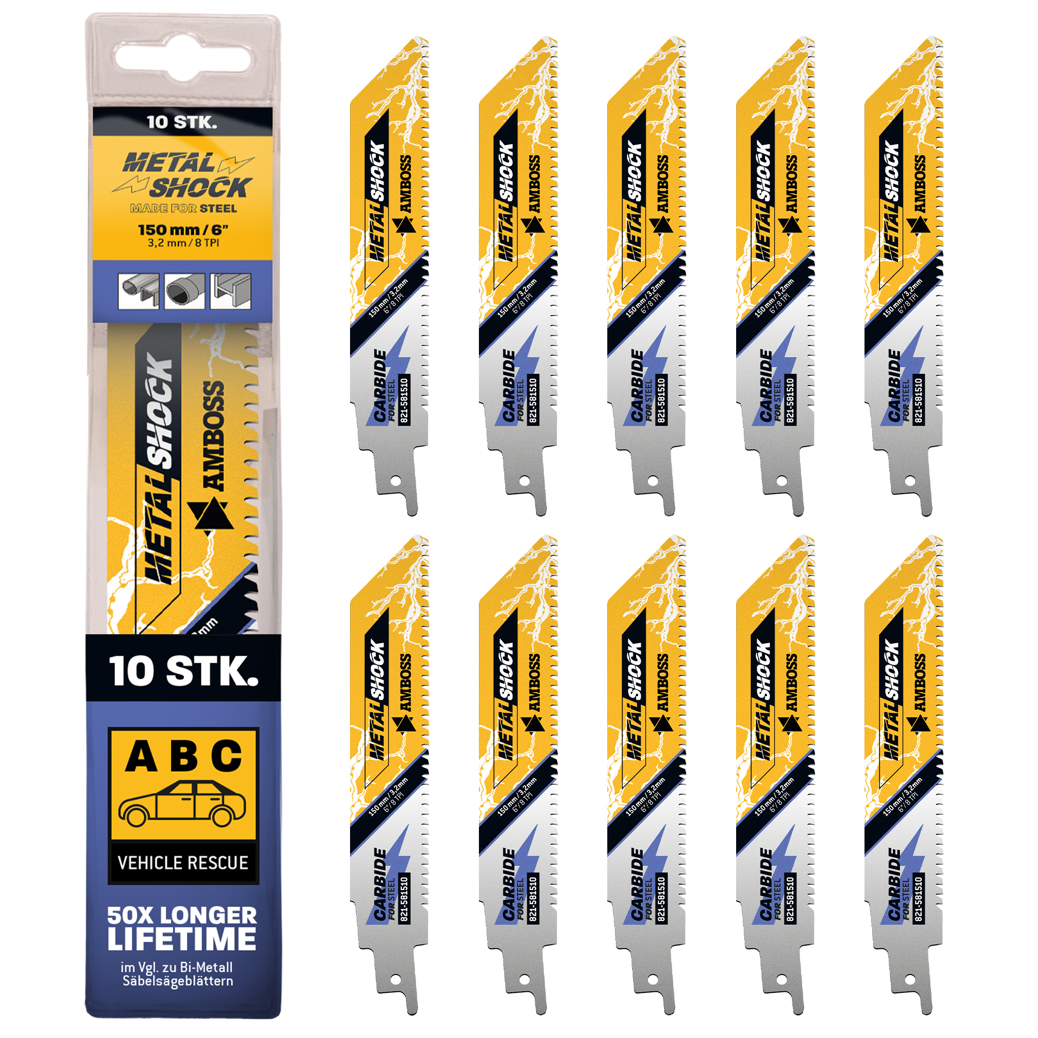 10x Amboss Metal Shock Säbelsägeblatt Länge 150 mm 8 ZpZ