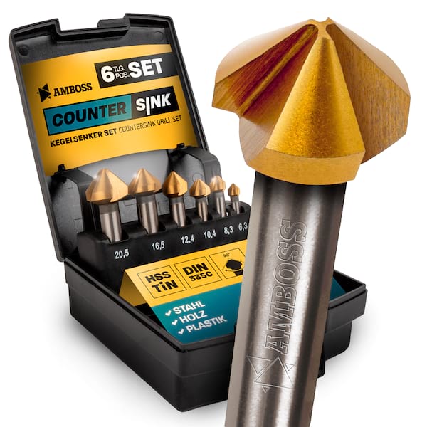 Kegelsenker Set 6tlg. 6,3 - 20,5 mm HSS TiN / DIN 335C / Amboss Werkzeuge Senker für Eisen, Stahl, Metall, NE-Metall, Holz, Kunststoff / Profi Senkkopfbohrer für Bohrmaschinen und Akkuschrauber