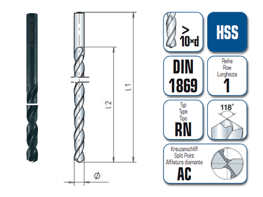 1 x HSS Spiralbohrer DIN 1869 - Ø:4.5 mm