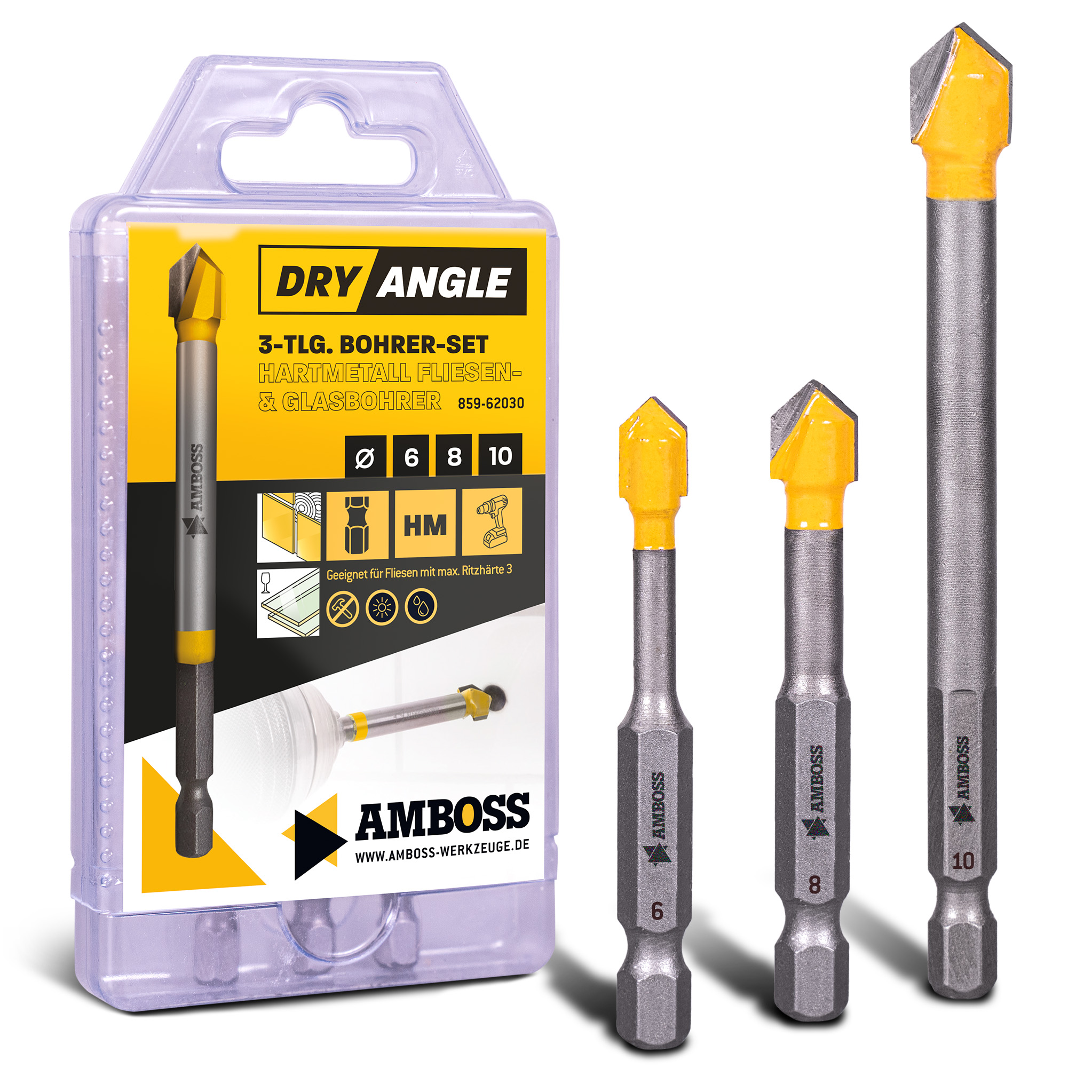 Amboss DryAngle Set Ø 6 / 8 / 10 mm - Fliesenbohrer Glasbohrer Keramikbohrer - Sechskantschaft für Bohrmaschinen - Glas / Wandfliesen / Dachziegel / Keramik bohren