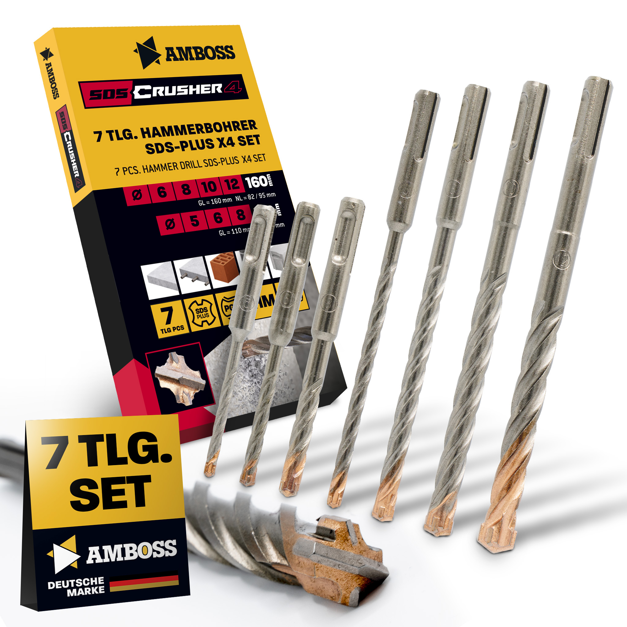 SDS Plus Hammerbohrer Set 7tlg. 4X Schneiden PGM Ø 5-12mm x 110/160mm - AMBOSS Werkzeuge SDS Crusher 4 - HM Betonbohrer Hartmetall Profi Bohrer  - Stahlbeton Steinbohrer Beton Mauerwerk Ziegel Kalksandstein