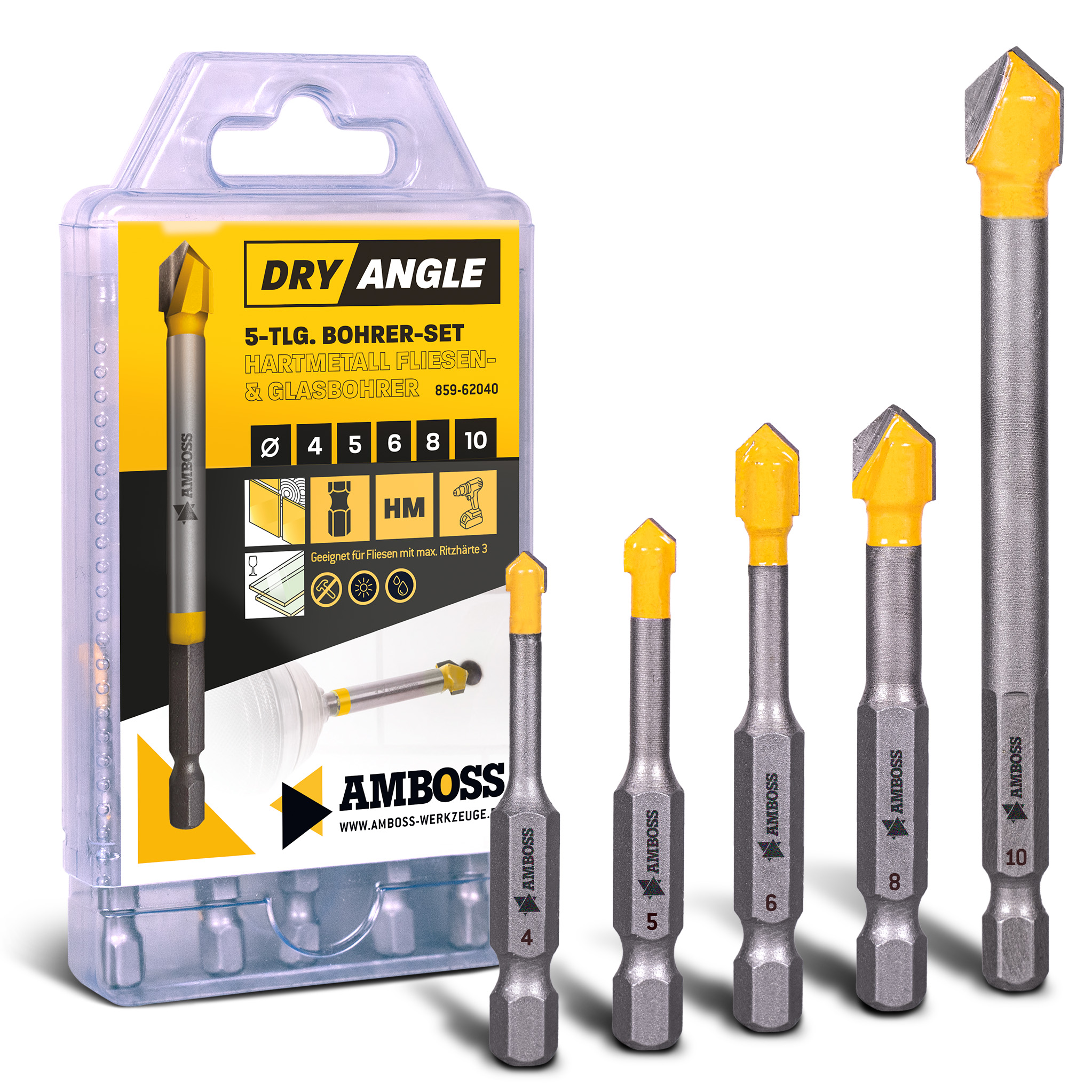 Amboss DryAngle Set Ø 4 / 5 / 6 / 8 / 10 mm - Fliesenbohrer Glasbohrer Keramikbohrer - Sechskantschaft für Bohrmaschinen - Glas / Wandfliesen / Dachziegel / Keramik bohren