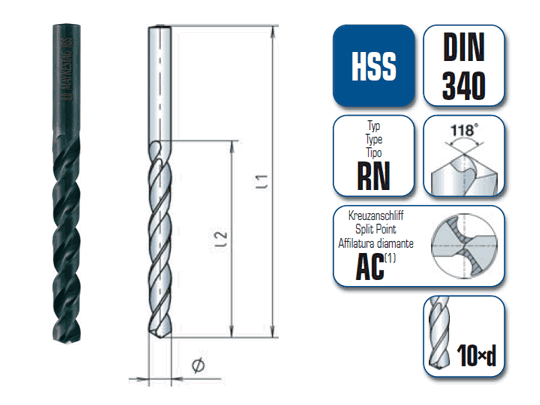 10 x HSS Spiralbohrer DIN 340 - Ø:4.5 mm
