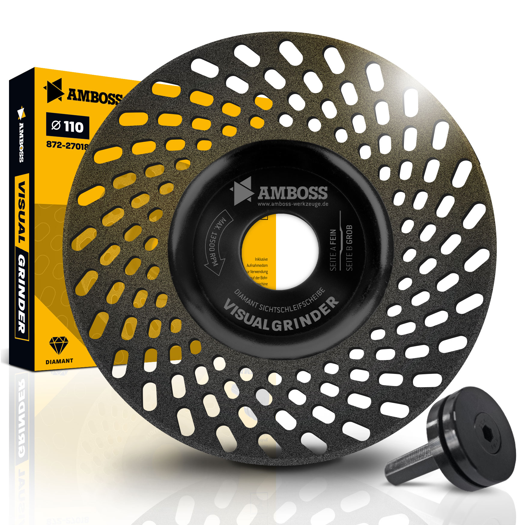 Amboss Diamant-Sichtschleifscheibe Visual Grinder für Winkelschleifer / Schärfen von Messern, Bohrern, Fräsern / Anschleifen von Stein, Gips, Putz, Beton / Ø 110 mm - Bohrung 22,2 mm